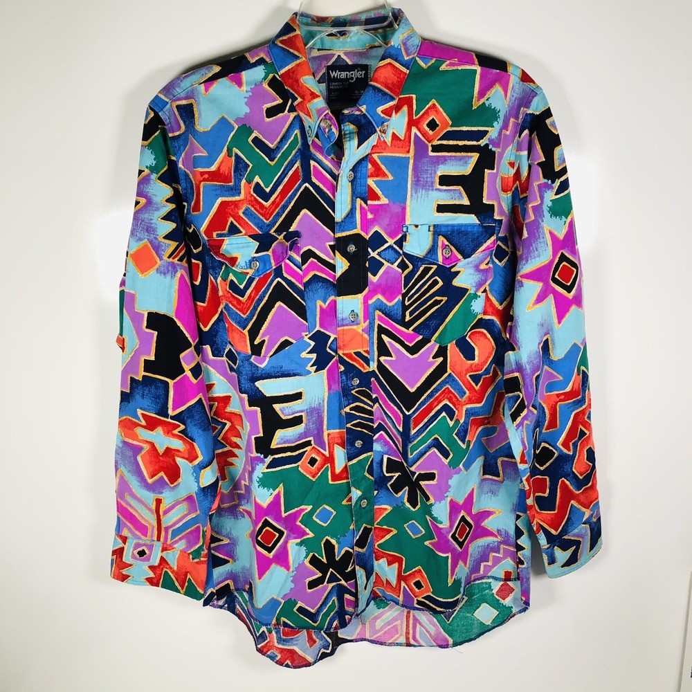 VTG Wrangler Cowboy Cut Long Tail Button Up Single Needle Wild Print Made USA 16